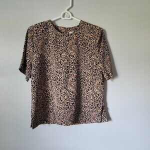 Liz Baker Blouse Women's Small Essentials Black Gold Leaf/Floral Short Sleeve